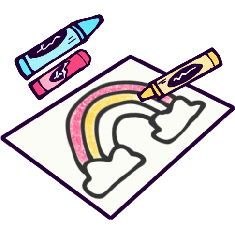 A drawing of a piece of paper with a drawing of a rainbow with three stripes on it. The first stripe has been colored magenta already, and the second stripe is in the middle of being colored in with a yellow crayon. The yellow crayon is positioned like someone is holding it, but no hand is seen. Next to the piece of paper is a very worn-down magenta crayon that is shorter, and has a blunt tip and a torn wrapper, and a slightly larger cyan crayon.